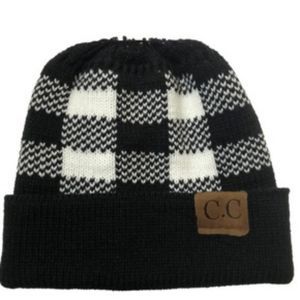C.C Black and White Buffalo Plaid Ponytail Hole Beanie NEW
